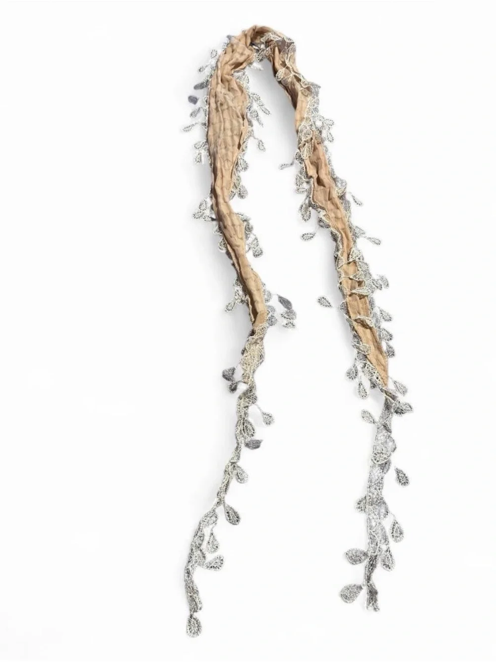 Beige Scarf with Leaf fringe Trim